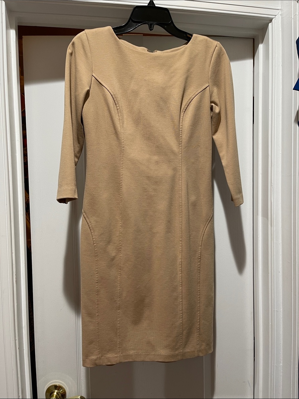 New York & Company Beige Long-Sleeve Sheath Dress